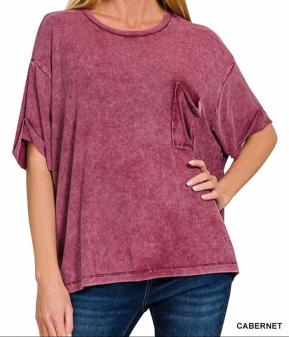 NEW ZENANA wash ribbed short sleeve top in cabernet
